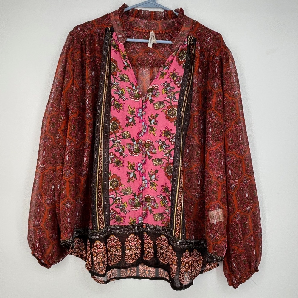Moon Orchid Womens Sz 18 20 Sheer Button Up Blouse Pink Red Floral Boho Peasant